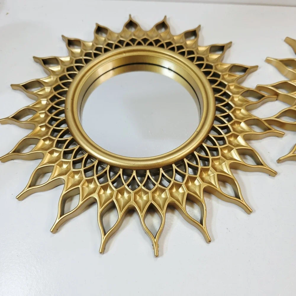 2 pc Decorative Wall Mirror Set Sunflower Starburst 10 Inch Plastic Gold Tone